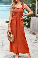 Frill Trim Tie Shoulder Wide Leg Jumpsuit with Pockets - Trendsi - Flyclothing LLC