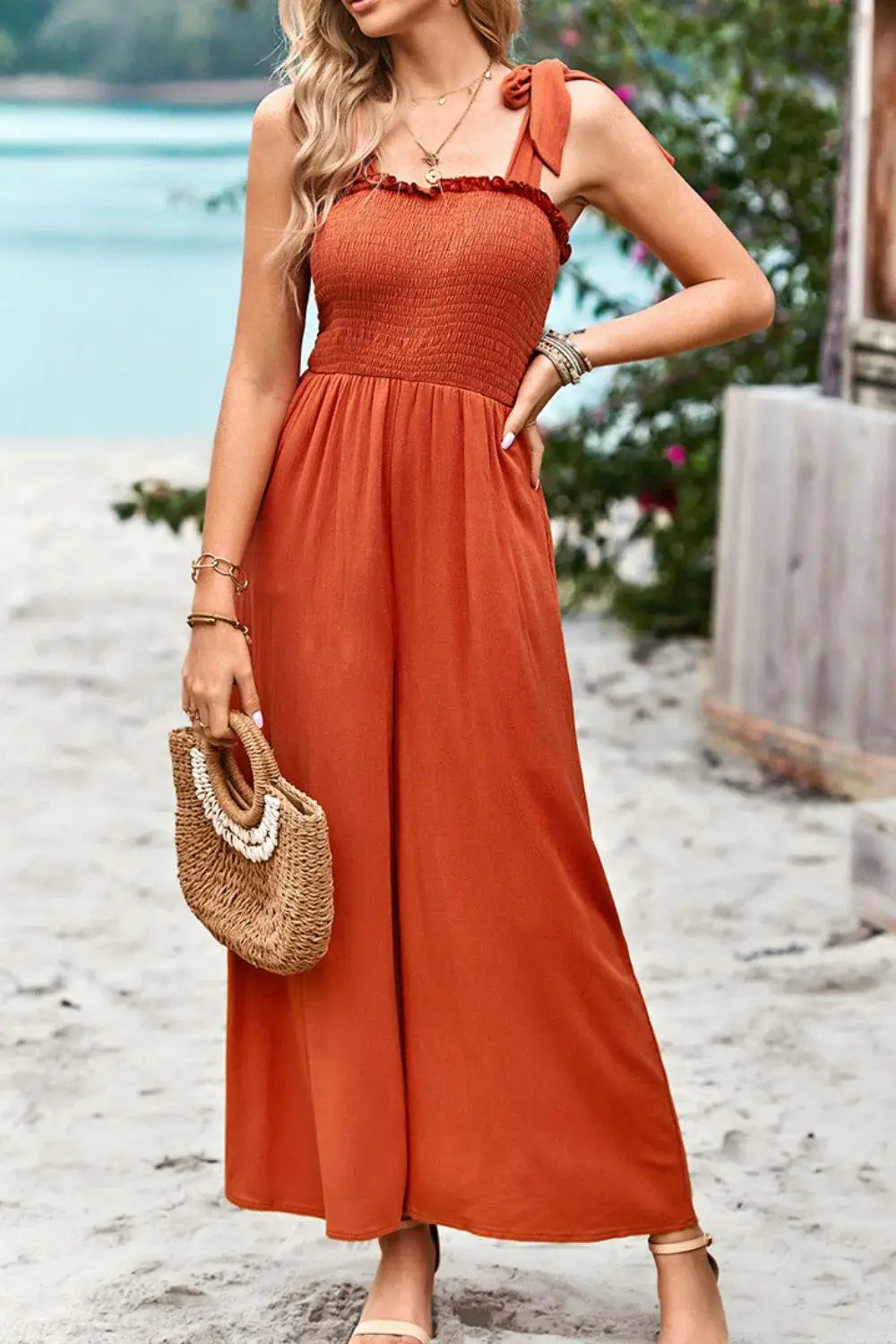 Frill Trim Tie Shoulder Wide Leg Jumpsuit with Pockets - Trendsi - Flyclothing LLC