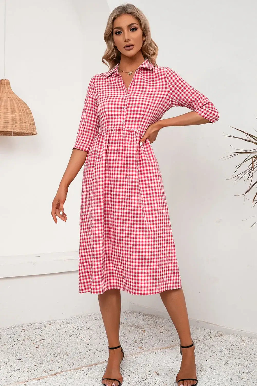 Plaid Collared Neck Midi Dress - Trendsi - Flyclothing LLC