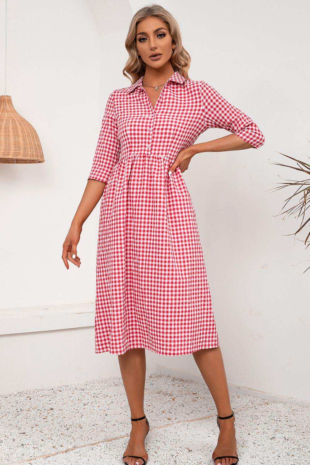 Plaid Collared Neck Midi Dress - Trendsi - Flyclothing LLC