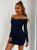 Glitter Ruched Off-Shoulder Long Sleeve Bodycon Dress - Trendsi