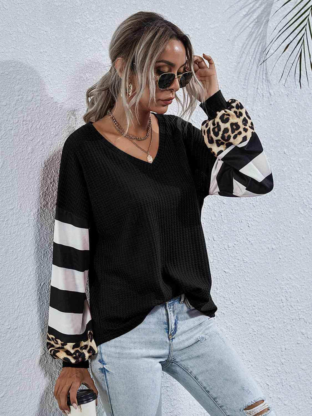 Leopard Striped Waffle-Knit Top - Trendsi - Flyclothing LLC