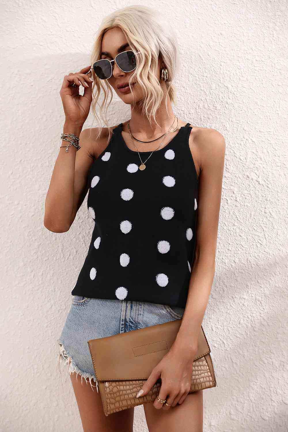 Polka Dot Round Neck Knit Tank - Trendsi - Flyclothing LLC