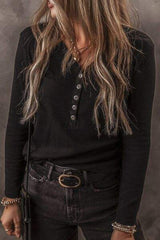 V-Neck Half Button long Sleeve T-Shirt - Trendsi - Flyclothing LLC
