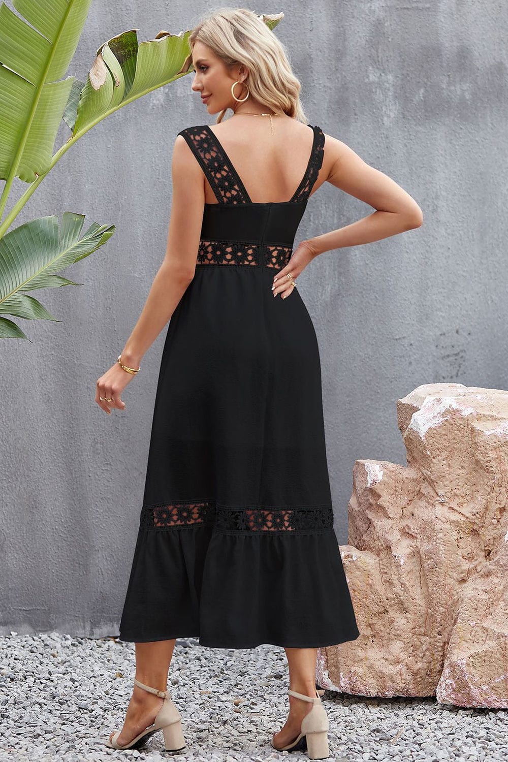 Flower Crochet Wide Strap Midi Dress - Trendsi