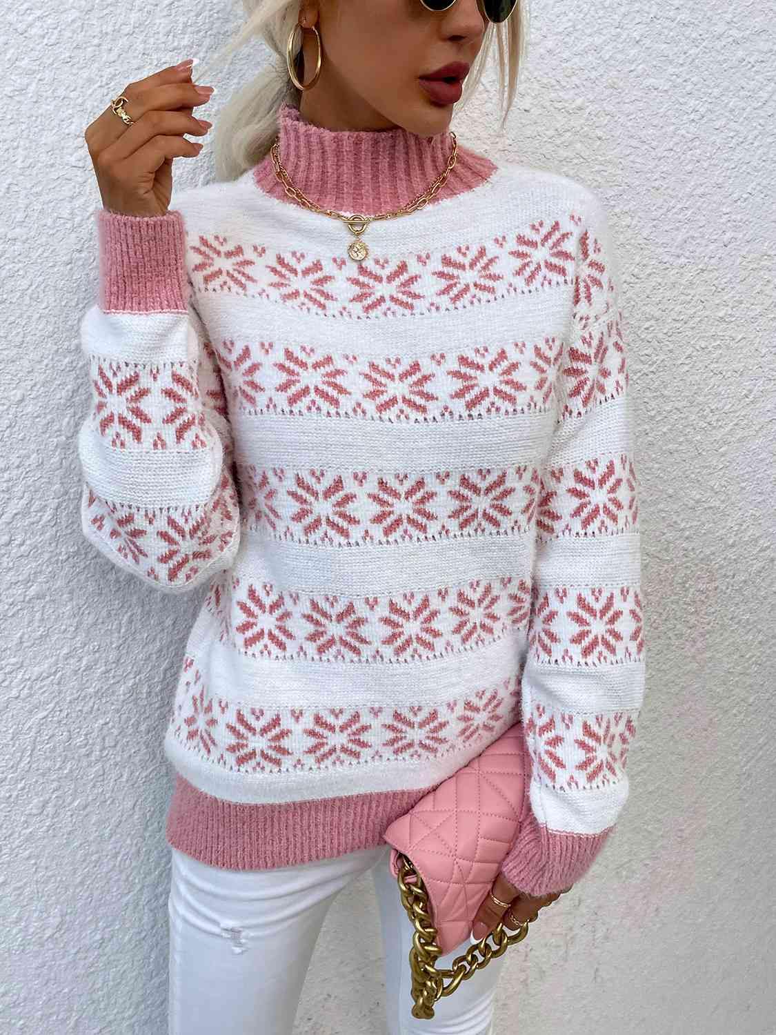 Snowflake Pattern Mock Neck Sweater - Trendsi