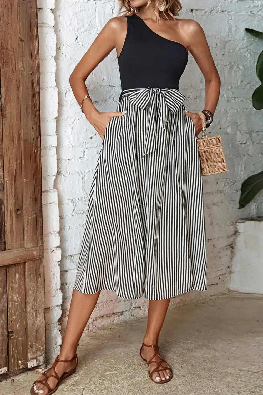 Striped One-Shoulder Slit Dress - Trendsi - Flyclothing LLC