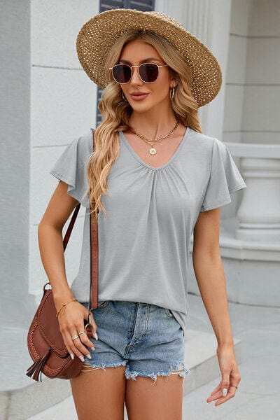 V-Neck Flutter Sleeve T-Shirt - Trendsi - Flyclothing LLC