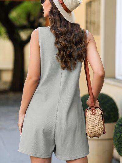 Waffle-Knit Half Button Sleeveless Romper with Pockets - Trendsi - Flyclothing LLC