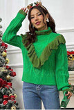 Cable-Knit Ruffled Mock Neck Lantern Sleeve Sweater - Trendsi - Flyclothing LLC