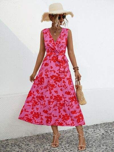 Tied Printed Surplice Tiered Dress - Trendsi - Flyclothing LLC