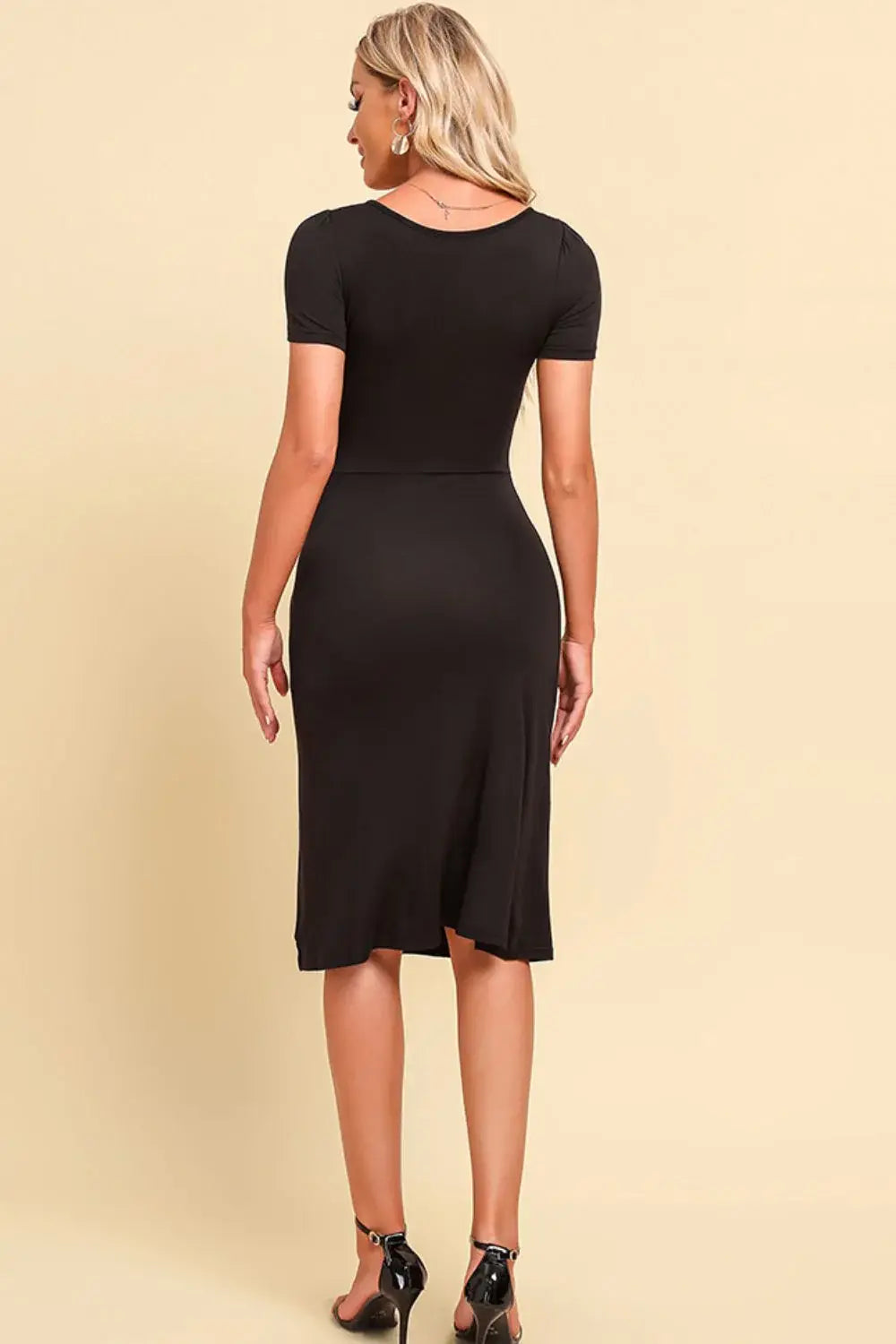 Ruched Sweetheart Neck Short Sleeve Slit Dress - Trendsi - Flyclothing LLC