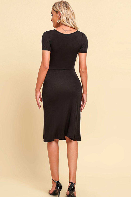 Ruched Sweetheart Neck Short Sleeve Slit Dress - Trendsi - Flyclothing LLC