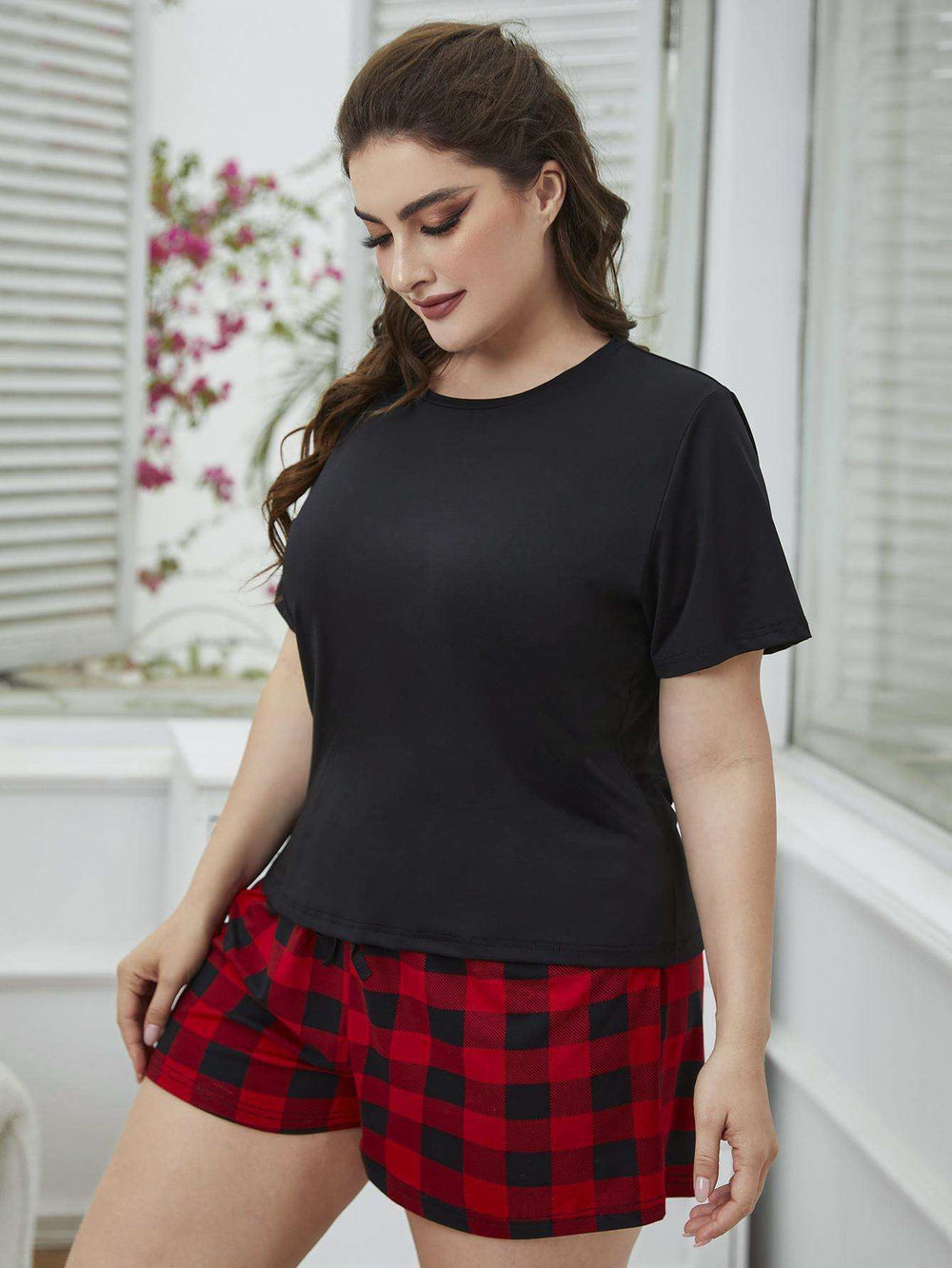 Plus Size Round Neck Tee Shirt and Plaid Shorts Lounge Set - Trendsi - Flyclothing LLC
