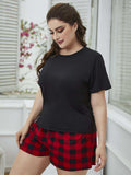 Plus Size Round Neck Tee Shirt and Plaid Shorts Lounge Set - Trendsi - Flyclothing LLC