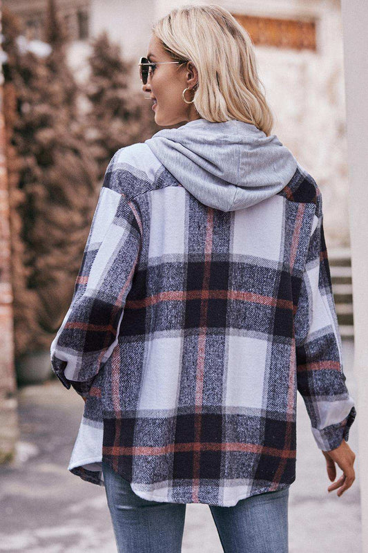Plaid Dropped Shoulder Hooded Jacket - Trendsi - Flyclothing LLC