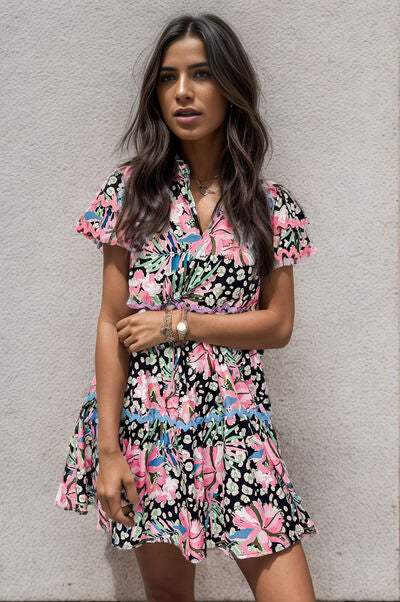 Printed Ruffle Hem Short Sleeve Mini Dress - Trendsi - Flyclothing LLC