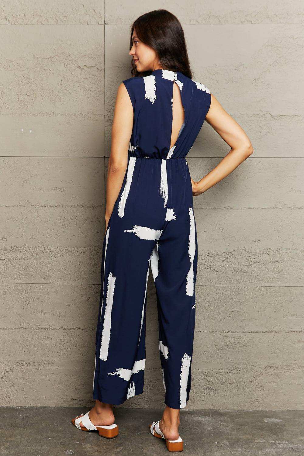 Printed Round Neck Cutout Jumpsuit with Pockets - Trendsi - Flyclothing LLC