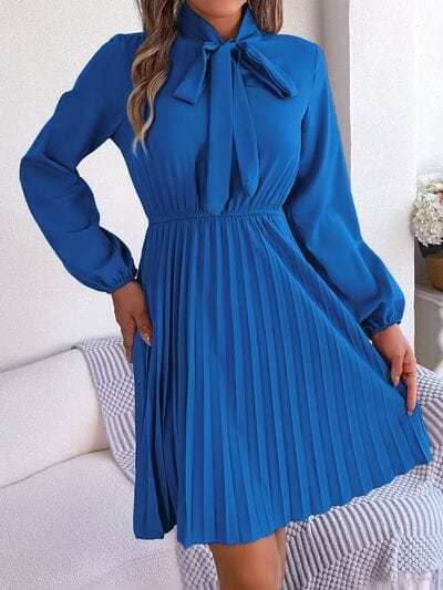 Tie Neck Balloon Sleeve Pleated Dress - Trendsi