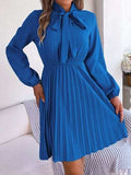 Tie Neck Balloon Sleeve Pleated Dress - Trendsi - Flyclothing LLC