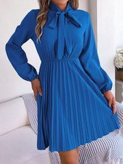 Tie Neck Balloon Sleeve Pleated Dress - Trendsi