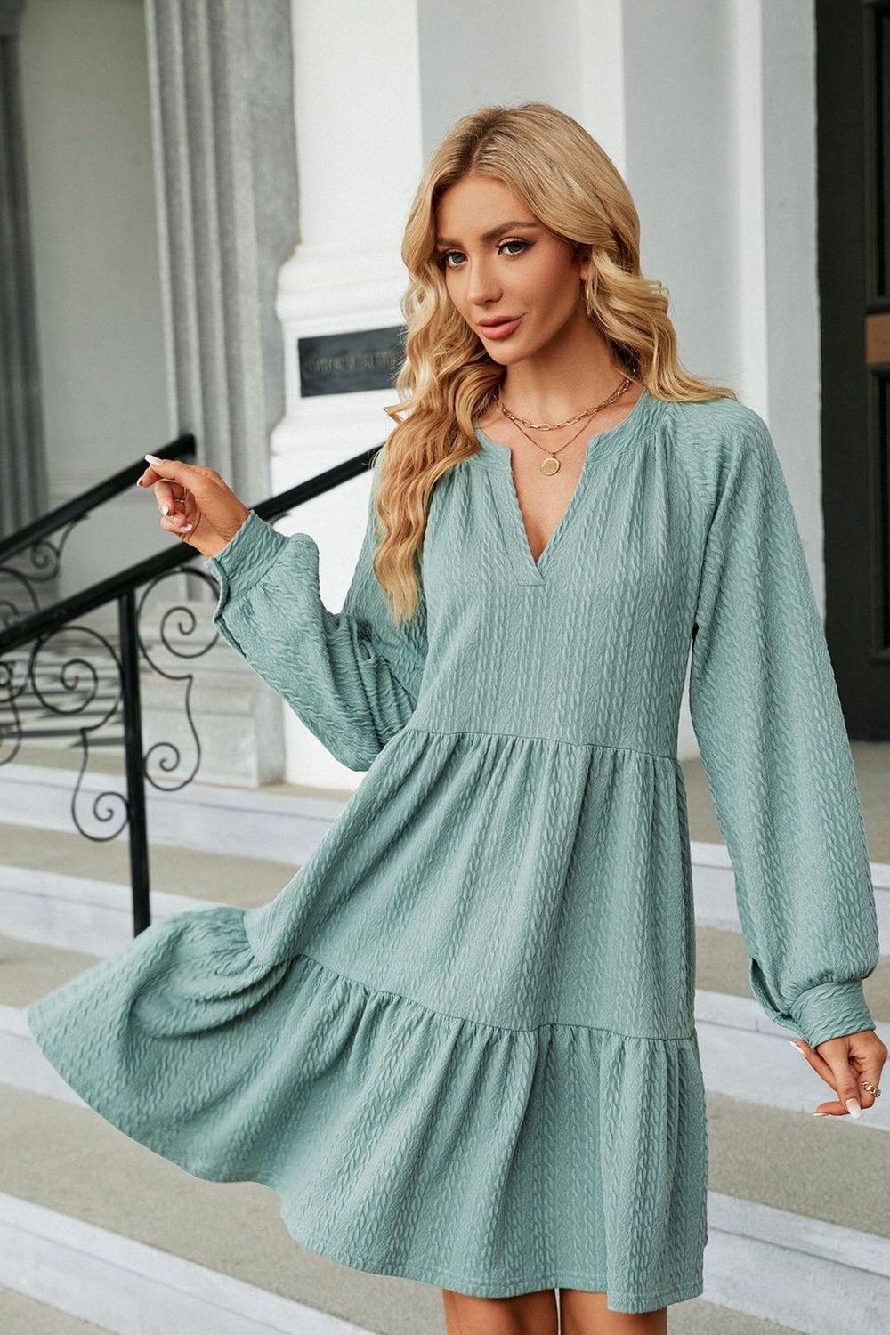 Notched Neck Long Sleeve Mini Dress - Trendsi