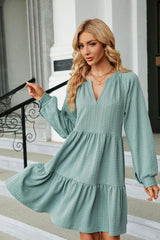 Notched Neck Long Sleeve Mini Dress - Trendsi