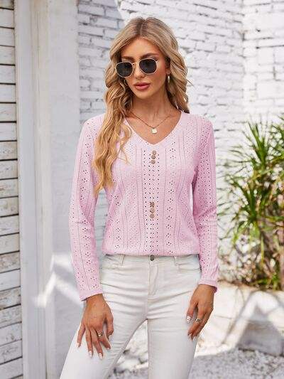 Decorative Button Openwork V-Neck T-Shirt - Trendsi - Flyclothing LLC