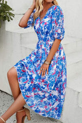 Smocked Printed V-Neck Short Sleeve Dress - Trendsi - Flyclothing LLC