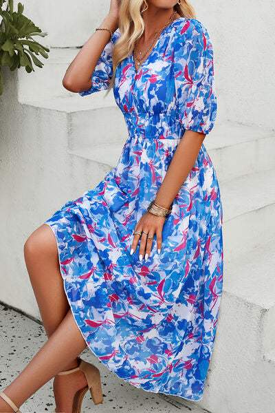 Smocked Printed V-Neck Short Sleeve Dress - Trendsi - Flyclothing LLC