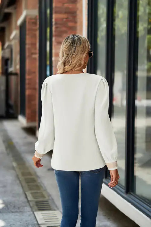 V-Neck Lace Detail Long Sleeve Top - Trendsi - Flyclothing LLC