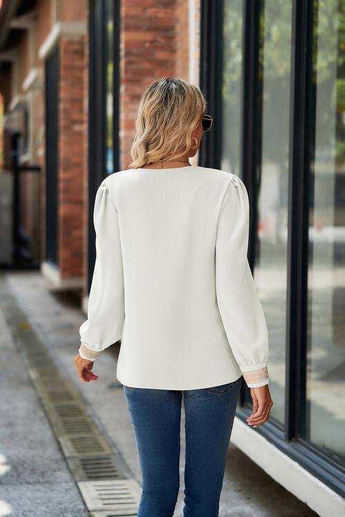 V-Neck Lace Detail Long Sleeve Top - Trendsi - Flyclothing LLC