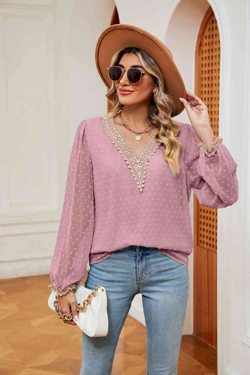 Swiss Dot Contrast V-Neck Blouse - Trendsi - Flyclothing LLC