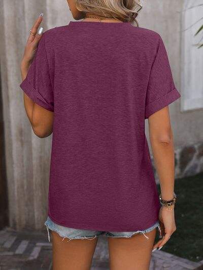 Notched Buttoned Short Sleeve T-Shirt - Trendsi - Flyclothing LLC