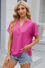 Eyelet Notched Short Sleeve T-Shirt - Trendsi - Flyclothing LLC