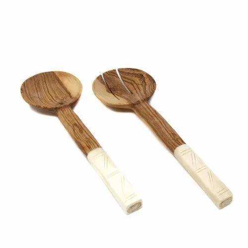 Olive Wood Salad Servers with Bone Handles, White with Square Design - Jedando - Flyclothing LLC