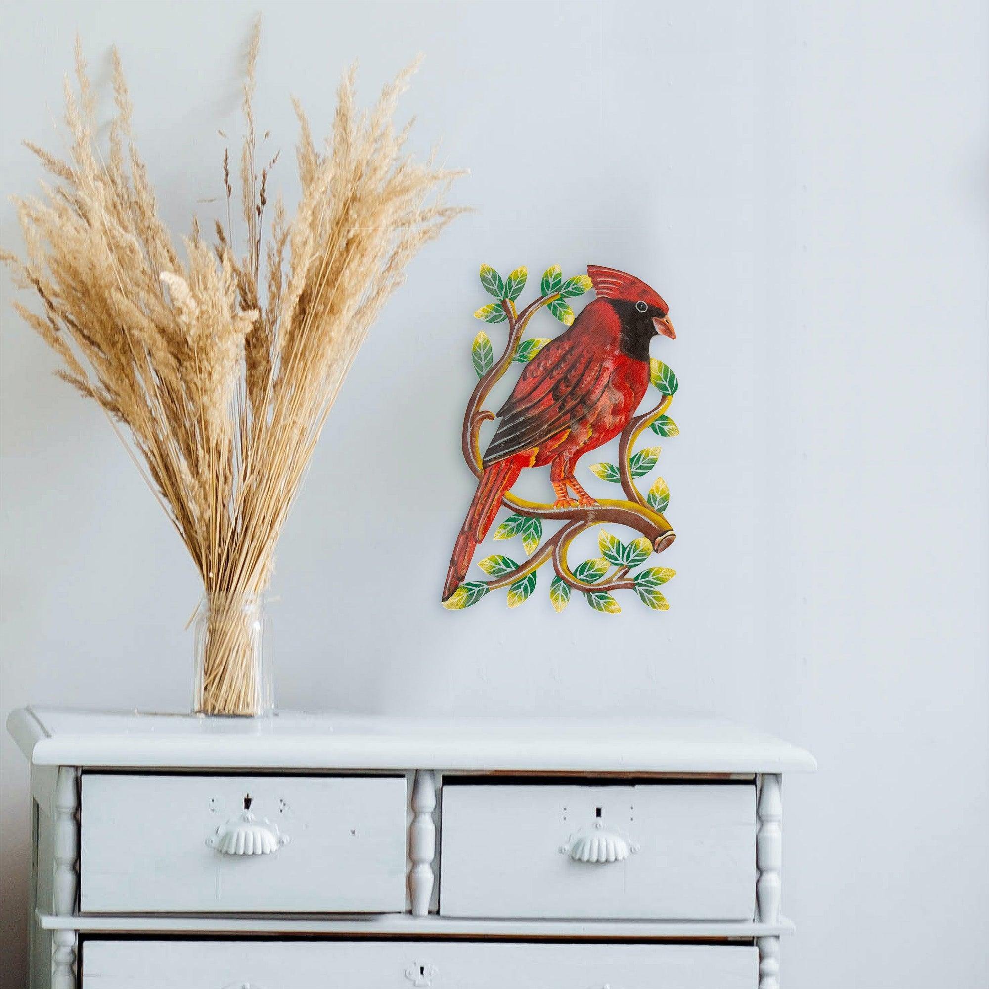 Cardinal on Branch, Painted Haitian Steel Drum Wall Art - Flyclothing LLC