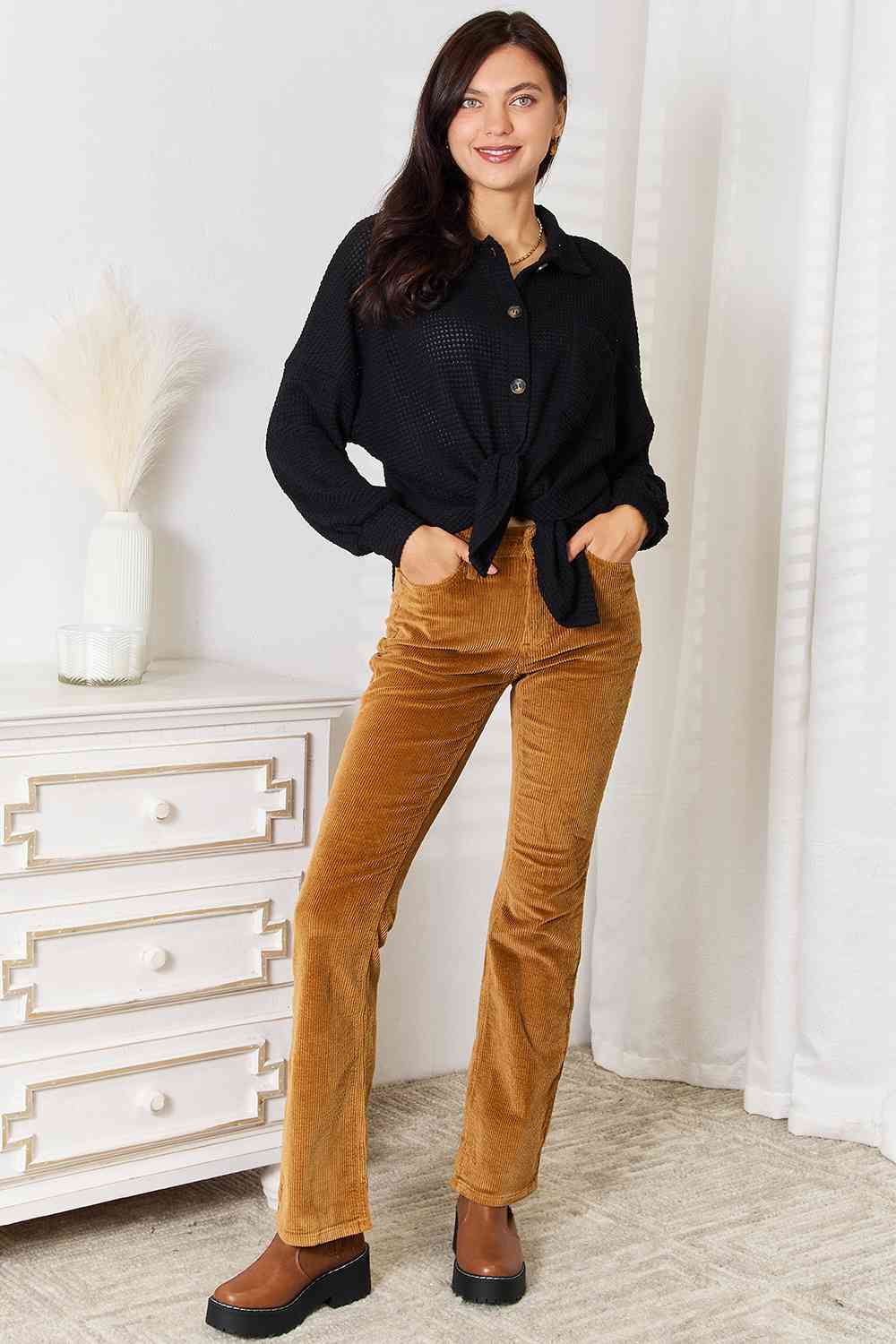 Double Take Waffle-Knit Collared Neck Dropped Shoulder Shirt - Trendsi - Flyclothing LLC