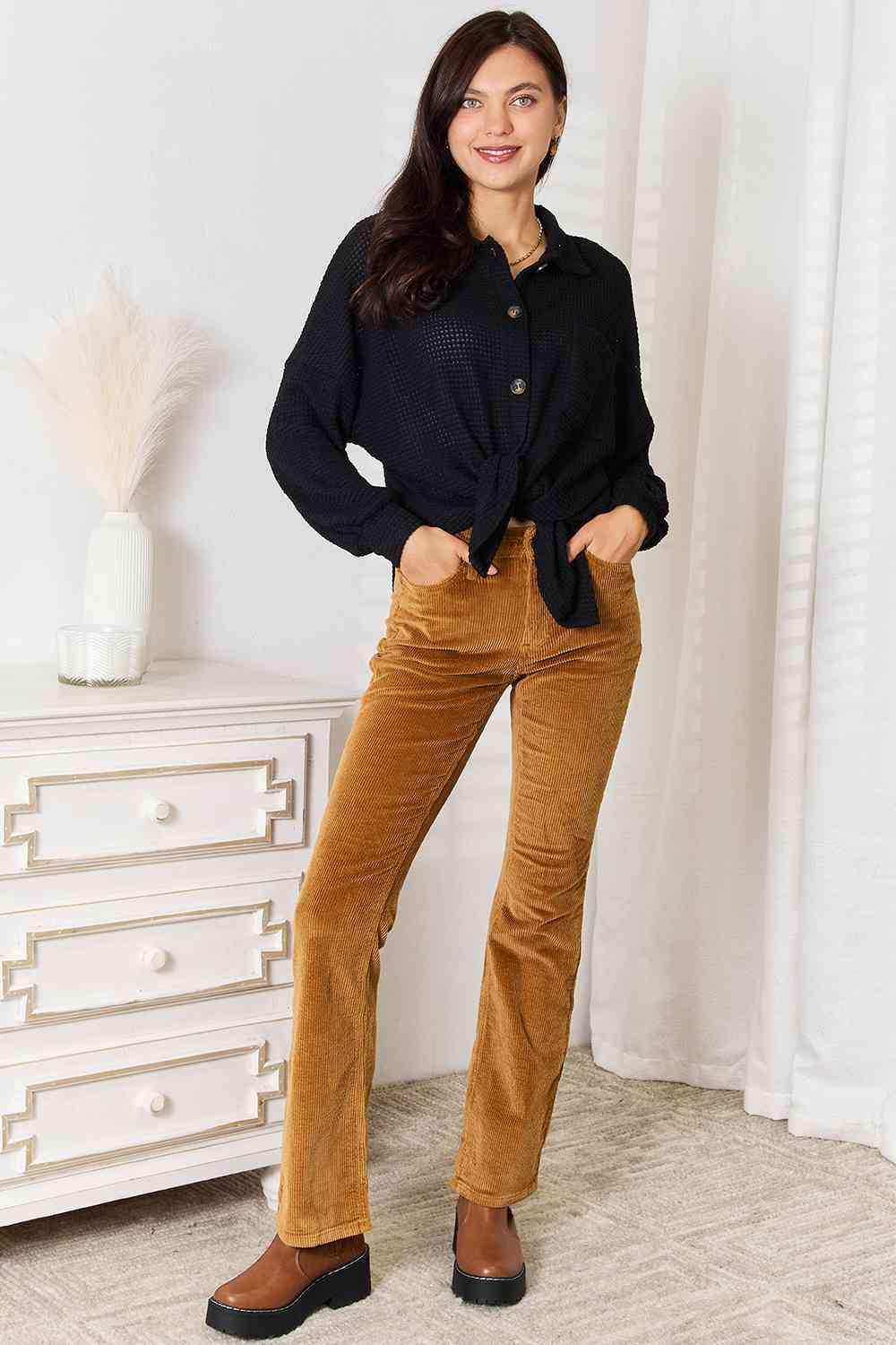 Double Take Waffle-Knit Collared Neck Dropped Shoulder Shirt - Trendsi - Flyclothing LLC