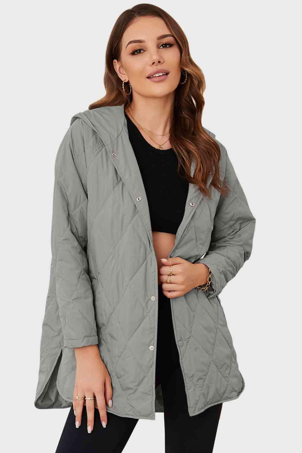 Snap Down Hooded Slit Winter Coat - Trendsi - Flyclothing LLC
