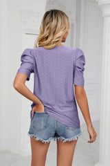 Eyelet Puff Sleeve Round Neck Blouse - Trendsi - Flyclothing LLC