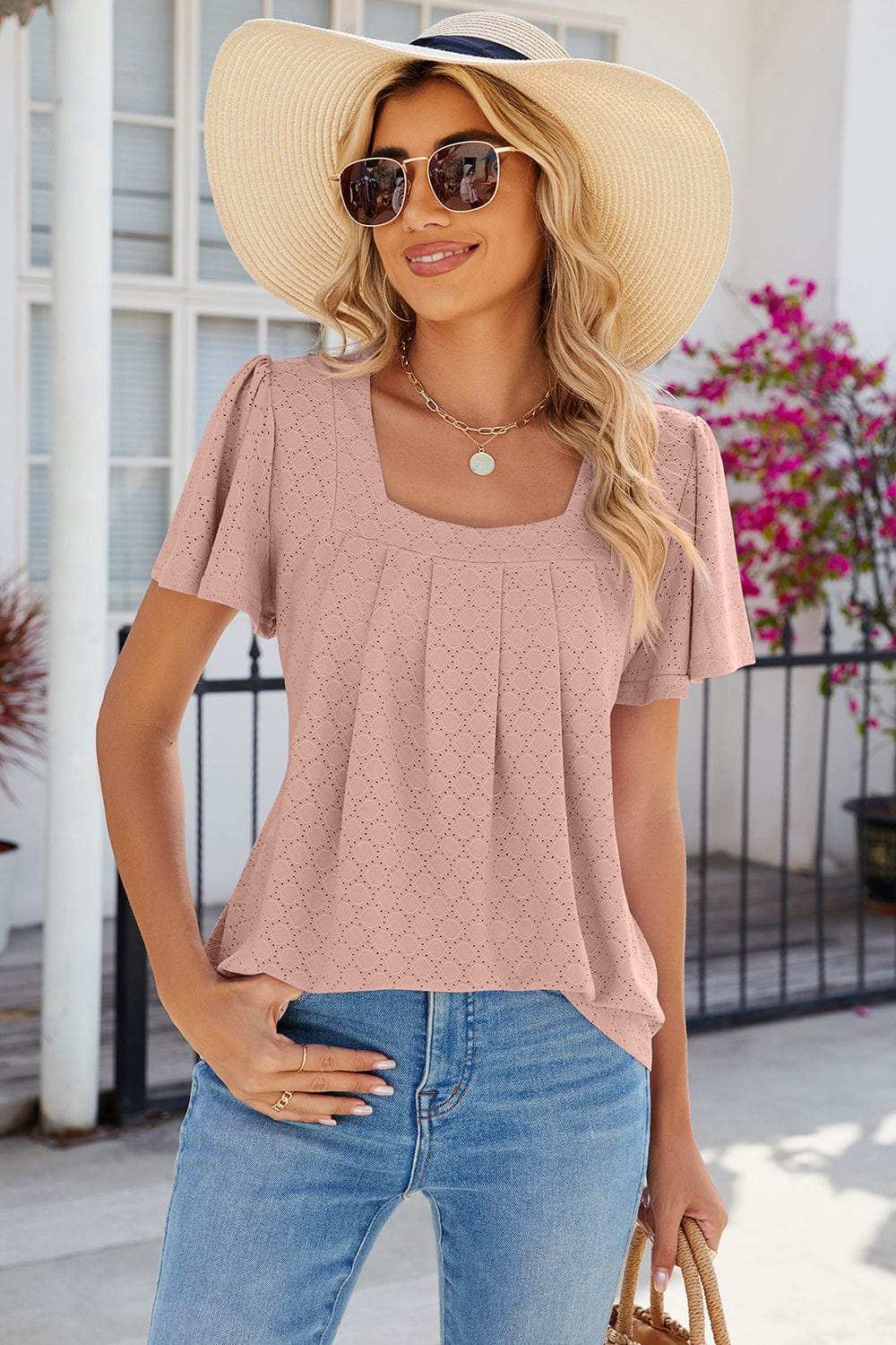 Eyelet Square Neck Flutter Sleeve Blouse - Trendsi - Flyclothing LLC