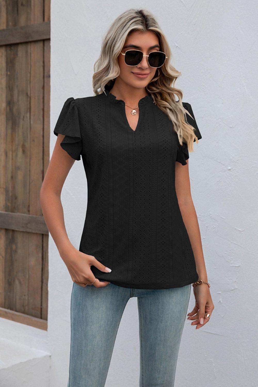 Eyelet Notched Neck Flutter Sleeve Top - Trendsi - Flyclothing LLC