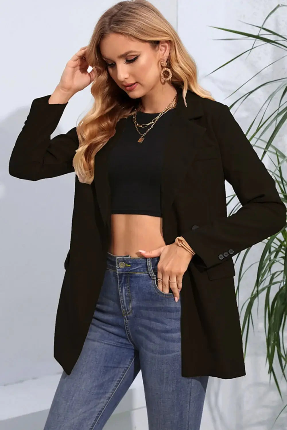 Lapel Neck Long Sleeve Blazer with Pockets - Trendsi - Flyclothing LLC