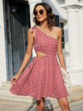 Grid One-Shoulder Tied Cutout Dress - Trendsi - Flyclothing LLC