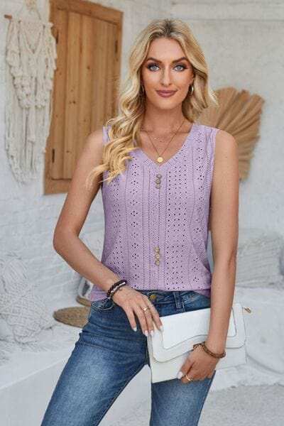 Eyelet Decorative Button V-Neck Tank - Trendsi - Flyclothing LLC