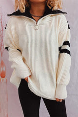 Quarter Zip Striped Dropped Shoulder Sweater - Trendsi