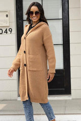 Button Up Long Sleeve Hooded Cardigan with Pockets - Trendsi