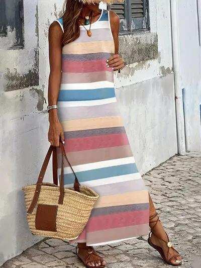 Slit Striped Round Neck Sleeveless Dress - Trendsi - Flyclothing LLC