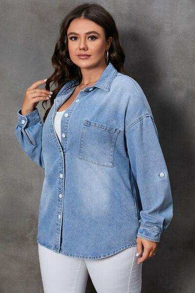 Plus Size Button Up Pocketed Denim Top - Trendsi - Flyclothing LLC
